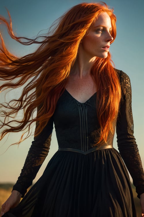 mysterious beautiful woman, long flowing red hair, black dress, dynamic backlighting, extremely detailed, ultra-realistic, 10k high resolution, in the style of digital art, acrylics, pastels, (Baroque:0.4), Romanticism, Realism,