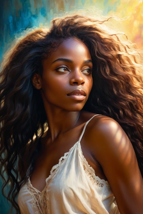 mysterious beautiful black woman, long flowing hair, dynamic backlighting, extremely detailed, ultra-realistic, 10k high resolution, in the style of digital art, acrylics, pastels, (Baroque:0.4), Romanticism, Realism,