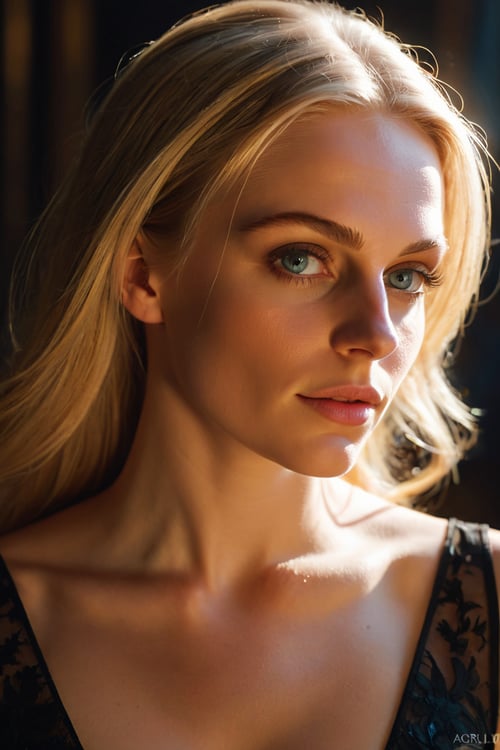 head to thigh shot, mysterious beautiful Polish woman, 30 years old, long straight blonde hair, light makeup, happy, beautiful black dress, dynamic backlighting, extremely detailed, ultra-realistic, 10k high resolution, in the style of digital art, acrylics, pastels, (Baroque:0.4), Romanticism, Realism,