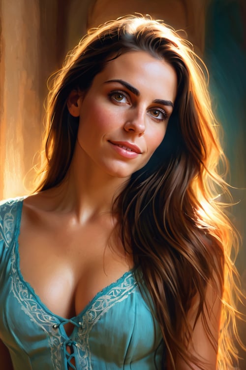 mysterious beautiful Spanish woman, 35 years old, long straight brunette hair, light makeup, happy, cleavage, dynamic backlighting, extremely detailed, ultra-realistic, 10k high resolution, in the style of digital art, acrylics, pastels, (Baroque:0.4), Romanticism, Realism,