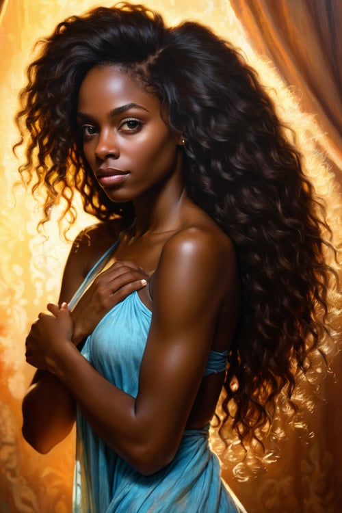 mysterious beautiful black woman, long flowing hair, dynamic backlighting, extremely detailed, ultra-realistic, 10k high resolution, in the style of digital art, acrylics, pastels, (Baroque:0.4), Romanticism, Realism,