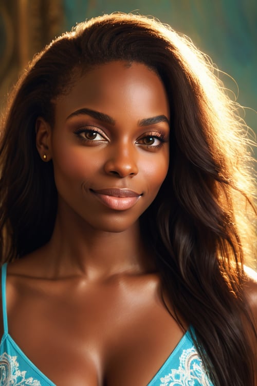 mysterious beautiful black woman, 35 years old, long straight brunette hair, light makeup, happy, cleavage, dynamic backlighting, extremely detailed, ultra-realistic, 10k high resolution, in the style of digital art, acrylics, pastels, (Baroque:0.4), Romanticism, Realism,