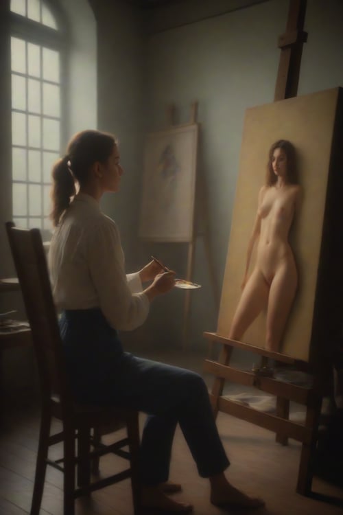 an exhausted painter in his studio painting a picture of a sexy girl - key lighting, soft lights, by tarkovsky, 8 k render, detailed, oil on canvas