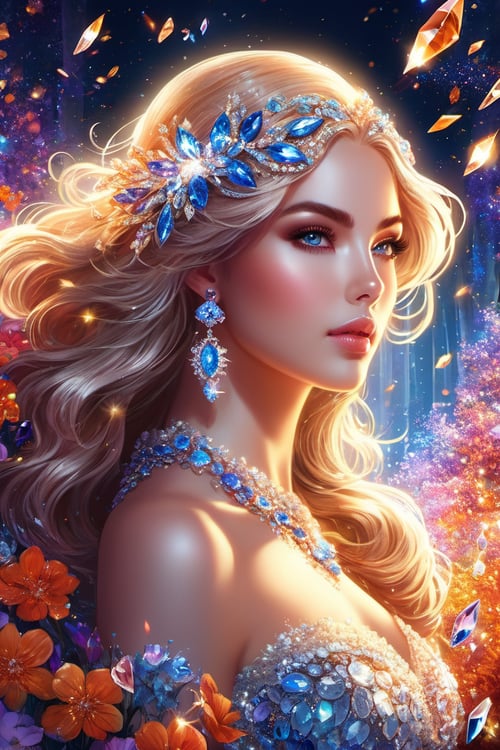 extremely detailed illustration of gorgeous woman wearing haute couture, stylish, backlit, highly illuminated, colorful crystal, awesome hair, closeup, visually rich, raytraced, whimsical, JRPG, enchanting, emotionally evocative, detailed environment, fantastical, imaginative, visually rich, atmospheric, zoomed, flat lighting, 2d, cartoon, vector, rocks, flowers, dynamic pose,DeepJourney,glitter,shiny