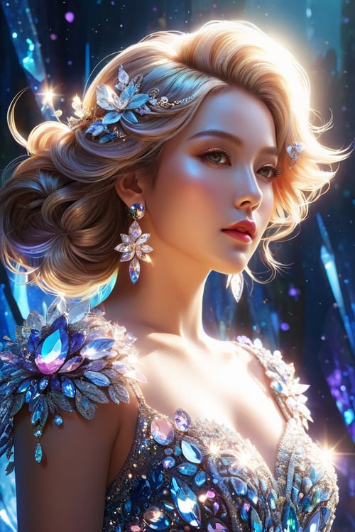extremely detailed illustration of gorgeous woman wearing haute couture, stylish, backlit, highly illuminated, colorful crystal, awesome hair, closeup, visually rich, raytraced, whimsical, JRPG, enchanting, emotionally evocative, detailed environment, fantastical, imaginative, visually rich, atmospheric, zoomed, flat lighting, 2d, cartoon, vector, rocks, flowers, dynamic pose,DeepJourney,glitter,shiny