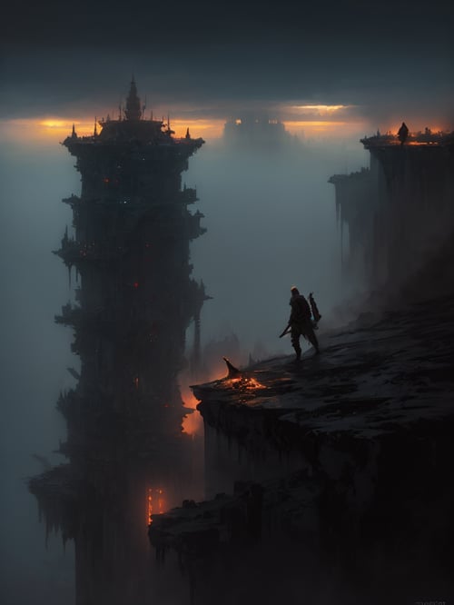 A tribal hunter stalks prey on the edge of a desserted city. 
 masterpiece, best quality, high resolution, extremely detailed, fantasy, low contrast,art,fantasy,Epic,painting by jakub rozalski,neon,light,more detail XL