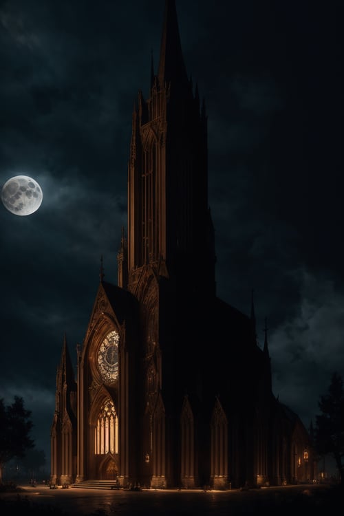 (Very detailed 8K wallpaper), A masterfully detailed church at night, moonlight shining in,  gloomy atmosphere, The artwork is rendered in a highly detailed and dramatic steampunk fantasy style, featuring retro-futuristic wall ornaments.