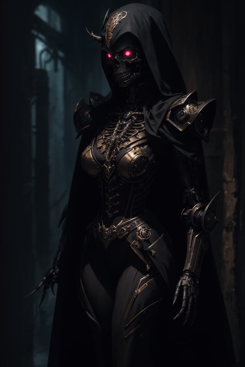 (Very detailed 8K wallpaper), A masterfully detailed portrait of a sinister necromancer full body, their face shrouded in darkness, a cyborg skeleton companion lurking ominously in the shadows. The artwork is rendered in a highly detailed and dramatic steampunk fantasy style, featuring a retro-futuristic female robot with intricate design elements, full body.