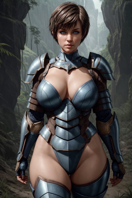 Amazonian woman, beautiful,  brunette, short hair, straight hair,  pixie cut hairstyle, medium breasts, large thighs, thick big ass, serious stunning face, with skintight blue armour, hdr, uhd, 64k, highly detailed, professional photography, trending on artstation, unreal engine, vivid colors, high resolution scanning, 