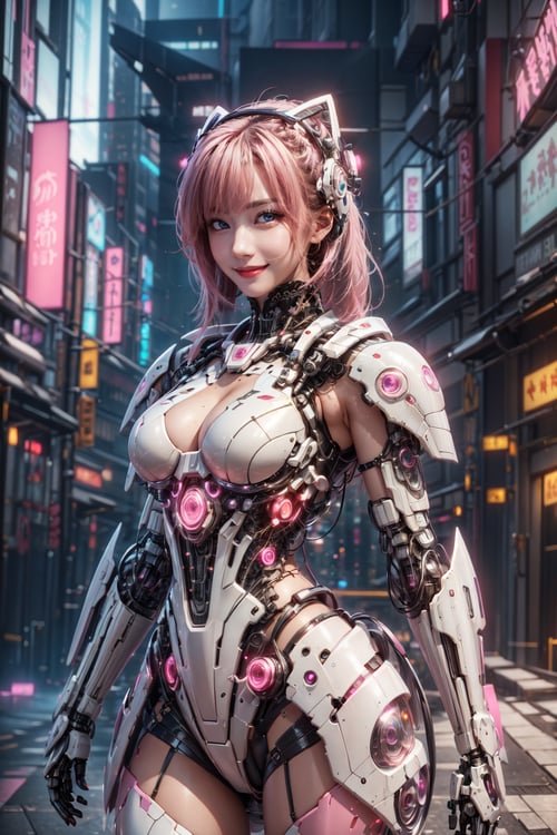 Masterpiece, High quality, 64K, Unity 64K Wallpaper, HDR, Best Quality, RAW, Super Fine Photography, Super High Resolution, Super Detailed, 
Beautiful and Aesthetic, Stunningly beautiful, Perfect proportions, 
1girl, Solo, White skin, Detailed skin, Realistic skin details, 
Futuristic Mecha, Arms Mecha, Dynamic pose, Battle stance, Swaying hair, by FuturEvoLab, 
Dark City Night, Cyberpunk city, Cyberpunk architecture, Future architecture, Fine architecture, Accurate architectural structure, Detailed complex busy background, Gorgeous, Cherry blossoms,
Sharp focus, Perfect facial features, Pure and pretty, Perfect eyes, Lively eyes, Elegant face, Delicate face, Exquisite face, Pink Mecha, ,Cyberpunk,Mecha