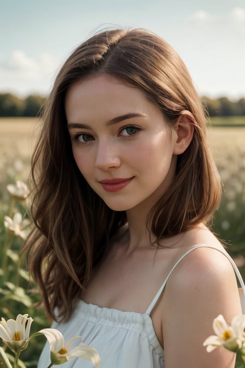  (masterpiece,  best quality,  photorealistic,  high resolution,  8K raw photo),  highres, a photo of a woman, in her twenties, radiating an aura of playfulness and happiness, blonde and pastel light brown hair, top view, flower field, nature, outdoor, detailed background pale skin, shot on Porta 160 color, shot on ARRI ALEXA 65, bokeh, 