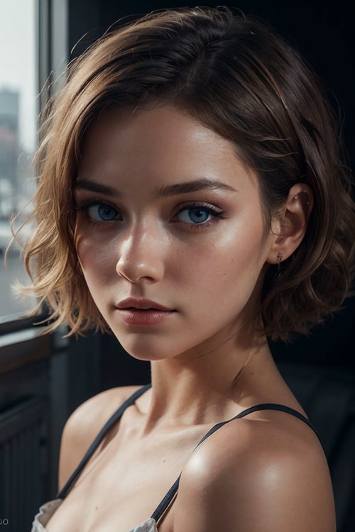  science fiction, scenery,a 20 yo woman, blonde, (blue eyes, makeup),   curly_hair, dark theme, soothing tones, muted colors, high contrast, (natural skin texture, hyperrealism, soft light, sharp), detailed face, (masterpiece,  best quality,  photorealistic,  high resolution,  8K raw photo) , highres
