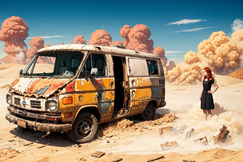 postapocalypse, (photo of (wrecked old van), (1girl, woman:1.1, redhead, leaning on van)), natural lighting, 8k uhd, high quality, film grain, Fujifilm XT3, (wide angle:1.2), panoramic, landscape, ((background burning sandstorm, wide angle, panoramic))