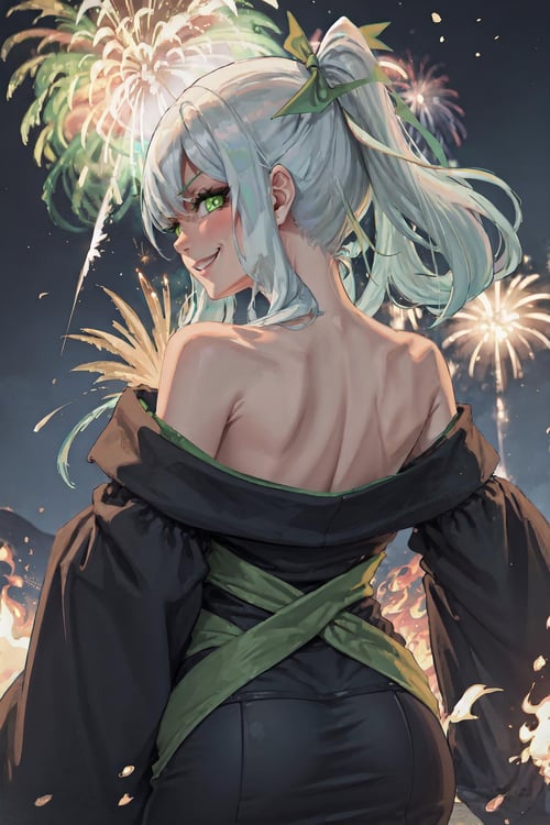 1girl, <lora:OffShoulderKimono:1>, kimono, from behind, off shoulder, shoulder blades, outdoors, night, fire works, seductive smile, looking at viewer, xbox-chan, ponytail, green hair ribbon, <lora:Char_Meme_Xboxchan:0.9>