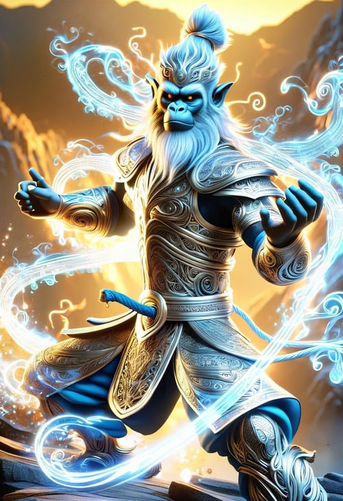 hyper detailed masterpiece, dynamic,awesome quality,DonM3lv3nM4g1cXL magic, ,sun wukong, Mythical Monkey King from Chinese folklore,  immense strength and magical powers, master of transformation and combat,  mischievous and rebellious spirit, perseverance, cunning, ghostly,augmented,holy,resilient   <lora:DonM3lv3nM4g1cXL-v1.1-000006:1>