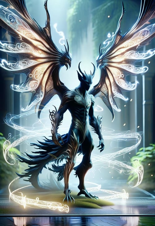 hyper detailed masterpiece, dynamic,awesome quality,DonM3lv3nM4g1cXL magic, ,chimera, malevolent male demon, humanoid appearance, attractive seductive demeanor, bat like wings, horns, clawed hands, hoofs, dark demonic hues, enticing, nighttime seduction, sexual nightmares,, subtropical,waiting areas   <lora:DonM3lv3nM4g1cXL-v1.1-000006:1>