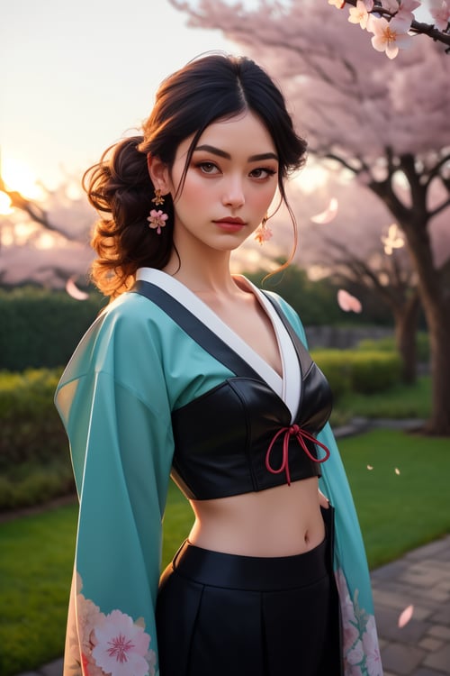 photogenic beautiful woman, leather (bodice, midriff), (laces), Japanese kimono, traditional design, submissive pose, serene garden setting, cherry blossoms, sunset hues, vibrant, detailed, 8k resolution  solo, best quality, high detail, 4k, 8k resolution photo by Mariano Vivanco photo by Inez and Vinoodh earring, bokeh, moody composition,rim lighting,