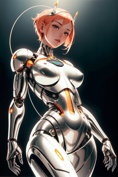 1girl, solo, salmon color, cyborg style, cyborg, wire, cable, android, mechanical body part, hd, looking_at_viewer,