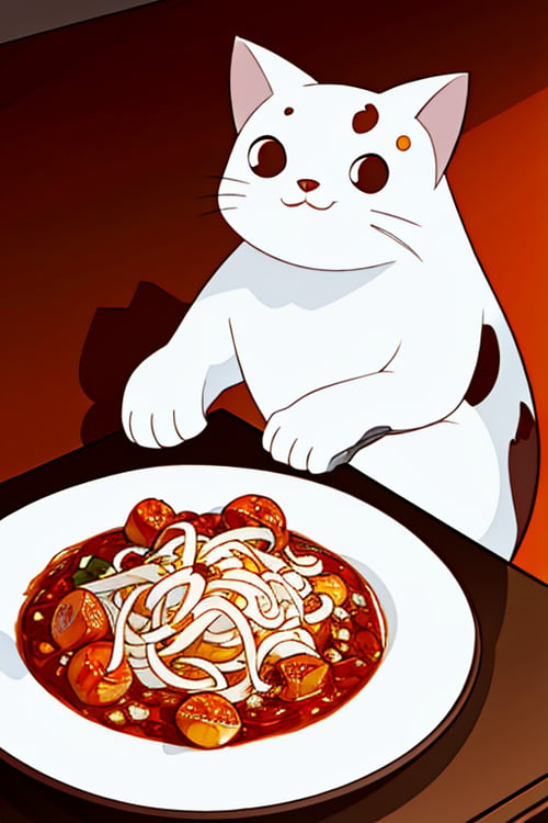 A cute white with brown spots cat eating messy spaghetti with tomato sauce,stunning color scheme, 

spec style,
