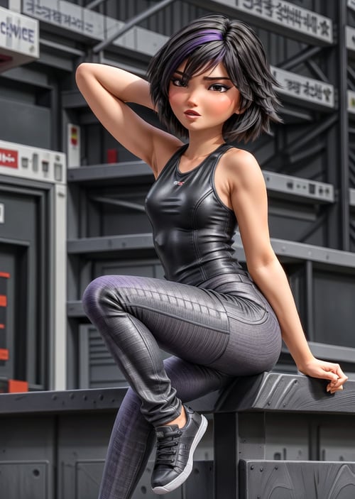 Masterpiece in full 4K resolution, dynamic 3D anime style. | Go Go, a young Korean woman of short stature, displays a curvy and robust build, highlighted by a prominent rear end. Her brown eyes reflect determination, while her tousled black hair in a bob, with violet streaks in the bangs, adds a vibrant touch to her appearance. The makeup, consisting of lilac eyeshadow, pink blush and dusty pink lipstick, enhances her beauty. She wears a dark gray leather jacket cut to the elbow length over a white short-sleeved t-shirt, occasionally changed into a white tank top, which doubles as sleepwear. Black leather gloves with gray stripes on the sides and a violet band with a white stripe on her left wrist complete the look. Go Go wears black shorts with red stripes on the sides over fashionably ripped dark gray capri leggings, with the holes covered in violet stains. His feet are clad in black sneakers, including indigo blue lines above the white sole. | The scene depicts Go Go in a dynamic pose, ready for action, in a futuristic urban environment with sparkling skyscrapers in the background. The camera angle highlights her distinct physical attributes and emphasizes her bold personality. The lighting highlights the nuances of your clothes and makeup, creating an engaging visual contrast. | Go Go, the young Korean woman with messy hair and violet highlights, showing off a striking style in a futuristic urban setting. | {The camera is positioned very close to her, revealing her entire body as she adopts a dynamic_pose, interacting with and leaning on a structure in the scene in an exciting way} | She is adopting a ((dynamic_pose as interactions, boldly leaning on a structure, leaning back in an exciting way):1.3), ((perfect_pose)), ((perfect_pose):1.5), (((full body))), ((perfect_fingers, better_hands, perfect_hands, perfect_legs)), ((perfect_fingers, better_hands, perfect_hands, perfect_legs):0.7), (((More_Detail))). 