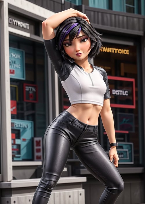Masterpiece in 8K resolution, dynamic 3D anime style. | Gogo Tomago, a young Korean woman with short stature, fair skin and pronounced curves, stands out for her prominently large rear end. Her brown eyes express determination, complemented by messy black hair in a modern bob cut, with violet highlights in the bangs. The makeup features lilac eyeshadow, pink blush and dusty pink lipstick. | Immersed in an urban setting, Gogo wears an athletic ensemble, including a dark gray leather jacket cropped to the elbow over a white short-sleeved t-shirt. Black leather gloves with gray stripes on the sides adorn her hands, accompanied by a violet band with a white stripe on her left wrist. Black shorts with red stripes over fashionably ripped dark gray capri leggings, with the holes covered in violet spots, form her distinctive attire. On her feet, she wears a pair of black sneakers with indigo blue lines above the white sole. | The three-dimensional composition highlights Gogo at a dynamic angle, capturing her unique presence. The lighting highlights the nuances of her makeup and the vibrant colors of her outfit. | Gogo Tomago, the young Korean with an athletic and bold style, stands out in an urban setting with her distinctive fashion. | {The camera is positioned very close to her, revealing her entire body as she adopts a dynamic_pose, interacting with and leaning on a structure in the scene in an exciting way} | She is adopting a ((dynamic_pose as interactions, boldly leaning on a structure, leaning back in an exciting way):1.3), ((perfect_pose)), ((perfect_pose):1.5), (((full body))), ((perfect_fingers, better_hands, perfect_hands, perfect_legs)), ((perfect_fingers, better_hands, perfect_hands, perfect_legs):0.7), (((More_Detail))). 