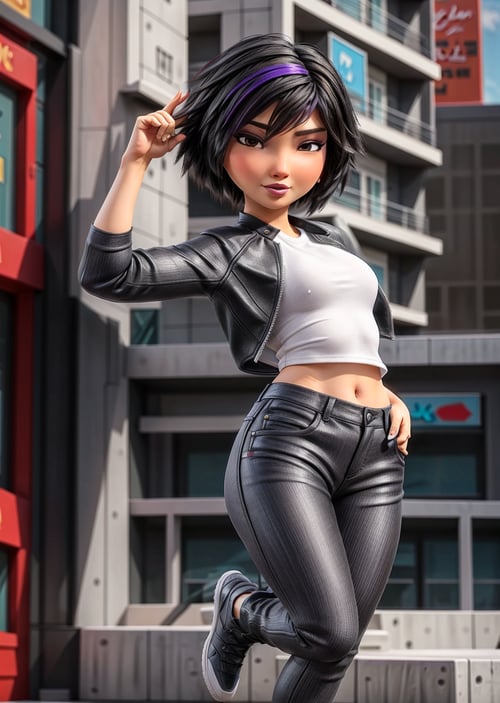 Masterpiece in 8K resolution, dynamic 3D anime style. | Gogo Tomago, a young Korean woman with short stature, fair skin and pronounced curves, stands out for her prominently large rear end. Her brown eyes express determination, complemented by messy black hair in a modern bob cut, with violet highlights in the bangs. The makeup features lilac eyeshadow, pink blush and dusty pink lipstick. | Immersed in an urban setting, Gogo wears an athletic ensemble, including a dark gray leather jacket cropped to the elbow over a white short-sleeved t-shirt. Black leather gloves with gray stripes on the sides adorn her hands, accompanied by a violet band with a white stripe on her left wrist. Black shorts with red stripes over fashionably ripped dark gray capri leggings, with the holes covered in violet spots, form her distinctive attire. On her feet, she wears a pair of black sneakers with indigo blue lines above the white sole. | The three-dimensional composition highlights Gogo at a dynamic angle, capturing her unique presence. The lighting highlights the nuances of her makeup and the vibrant colors of her outfit. | Gogo Tomago, the young Korean with an athletic and bold style, stands out in an urban setting with her distinctive fashion. | {The camera is positioned very close to her, revealing her entire body as she adopts a dynamic_pose, interacting with and leaning on a structure in the scene in an exciting way} | She is adopting a ((dynamic_pose as interactions, boldly leaning on a structure, leaning back in an exciting way):1.3), ((perfect_pose)), ((perfect_pose):1.5), (((full body))), ((perfect_fingers, better_hands, perfect_hands, perfect_legs)), ((perfect_fingers, better_hands, perfect_hands, perfect_legs):0.7), (((More_Detail))). ,GoGo Tomago