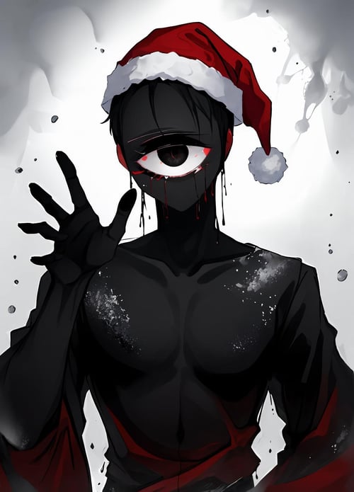 seek, horror theme, no humans, monster, (one-eyed), santa hat, no mouth, darkness, black eye, silhouette, dripping, solo, upper body, snow, snow background, <lora:seek-09:1>