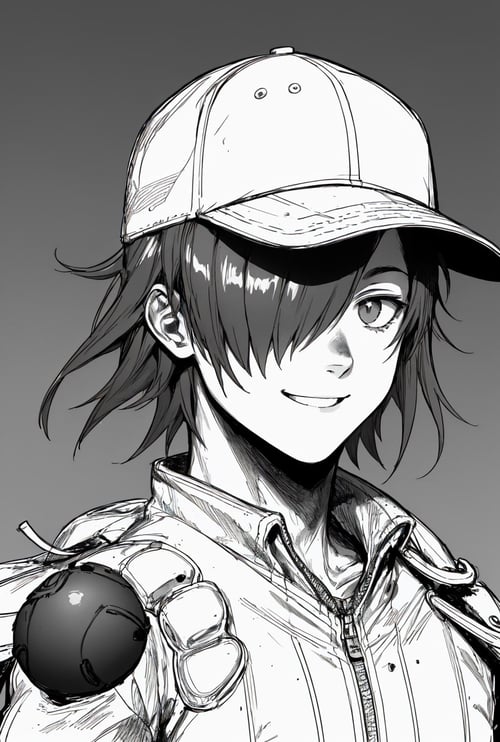 monochrome, greyscale, sketch, smile, 1boy, male focus, hair over one eye, hat, baseball cap, bandages, solo, upper body, <lora:dorohedoro-10:1>, (masterpiece, best quality, detailed:1.3)