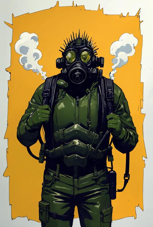 traditional media, 1boy, male focus, mask, gas mask, backpack, crown, smoke, standing, solo, yellow background, <lora:dorohedoro-10:1>, (masterpiece, best quality, detailed:1.3)