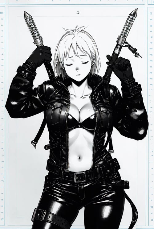 greyscale, monochrome, 1girl, closed eyes, short hair, large breasts, open clothes, cleavage, gloves, jacket, weapon, belt, scar, black background, solo, cowboy shot, simple background, <lora:dorohedoro-10:1>, (masterpiece, best quality, detailed:1.3)