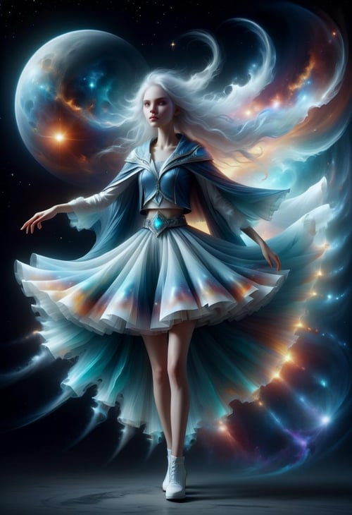 hyper detailed masterpiece, dynamic realistic digital art, awesome quality, DonMB4nsh33XL otherworldly nebulous pale girl,  celestial flare skirt,  sorceress boleros,   carrying case , dissolving <lora:DonMB4nsh33XL-v1.1-000004:0.8>