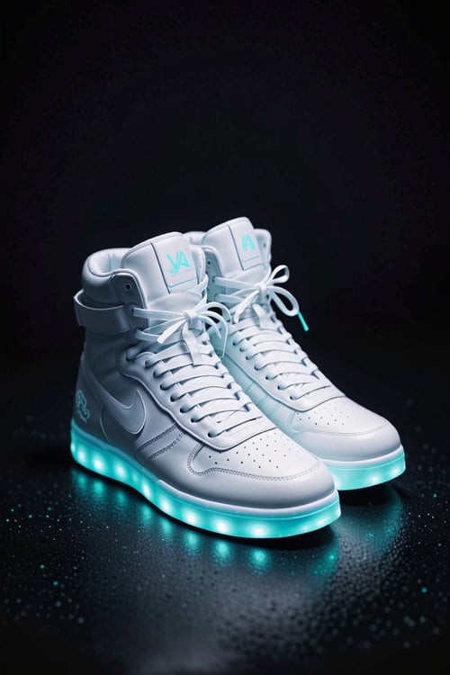 sneakers, bioluminescent, bright luminescence white light, made out of light beams, bubbles, particles, sparkles, glitch --v 4 --auto
