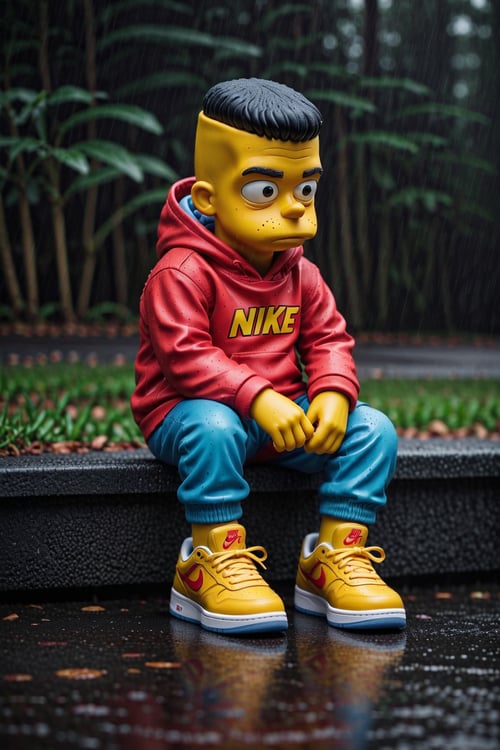 Bart Simpson wearing Air Jordan 4s wearing a Nike hoodie sitting alone sad in the rain on a cold day

