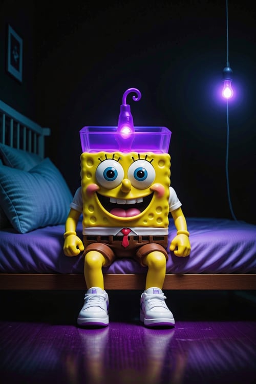 spongebob sitting in his bed in a dark room lighted up by purple led lights holding a white cup with purple glowing juice while wearing a purple hoodie and jordan 1s
