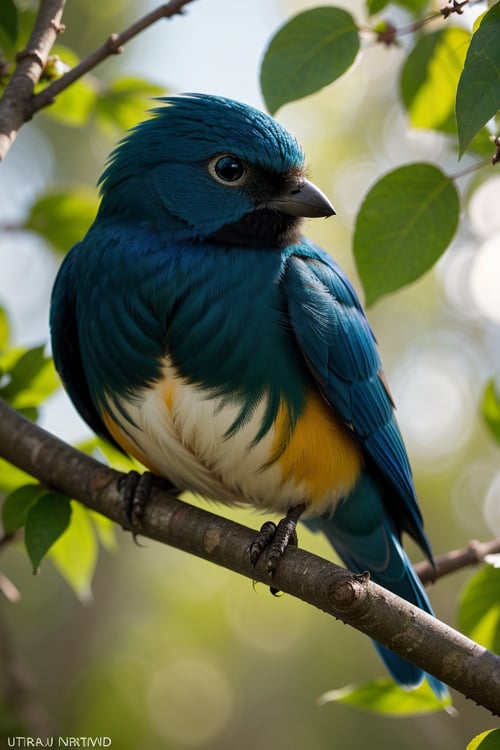 (blue bird), (sitting on a tree branch), (close up), (photorealistic), (detailed feathers), (vivid colors), (soft sunlight), (nature backdrop), (bokeh), (ultra-detailed eyes), (sharp focus), (realistic textures:1.1), (fine details), (crisp outlines), (high definition), (lush green leaves), (intense blue sky), (slightly blurred background)
