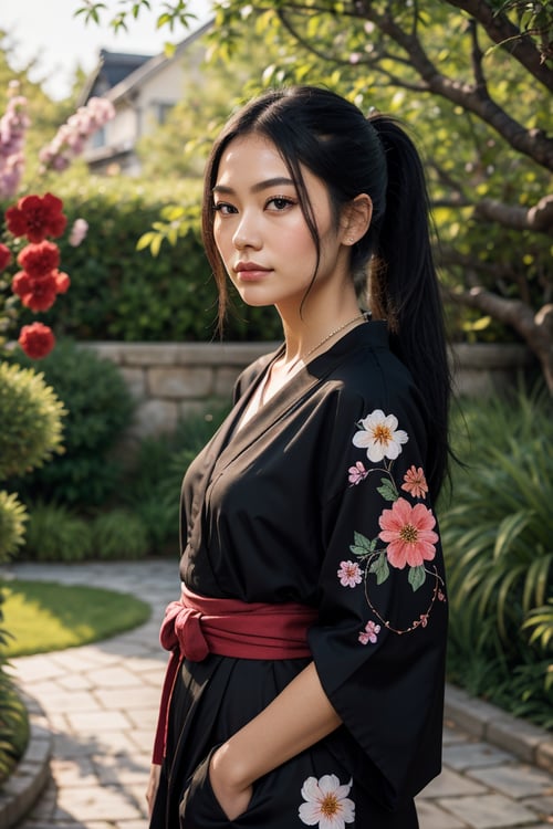 girl, beautiful detailed eyes, beautiful detailed lips, extremely detailed eyebrows and face, long eyelashes, stripe bead necklace, black hair styled in a spiked ponytail, wearing a simple kimono with red open clothes. The artwork is created using oil paint on canvas, with high resolution and ultra-detailed brushstrokes. The painting showcases a picturesque garden scene with vibrant colors and vivid flowers in full bloom. The girl is depicted standing gracefully amidst the floral landscape, her posture conveying a sense of tranquility and elegance. The lighting in the painting is soft and ethereal, casting gentle shadows on the girl's face and adding depth to the overall composition. The color palette is dominated by various shades of red, creating a warm and inviting atmosphere. The art style blends elements of traditional Japanese art with a touch of contemporary flair, resulting in a captivating fusion of East-meets-West aesthetics
