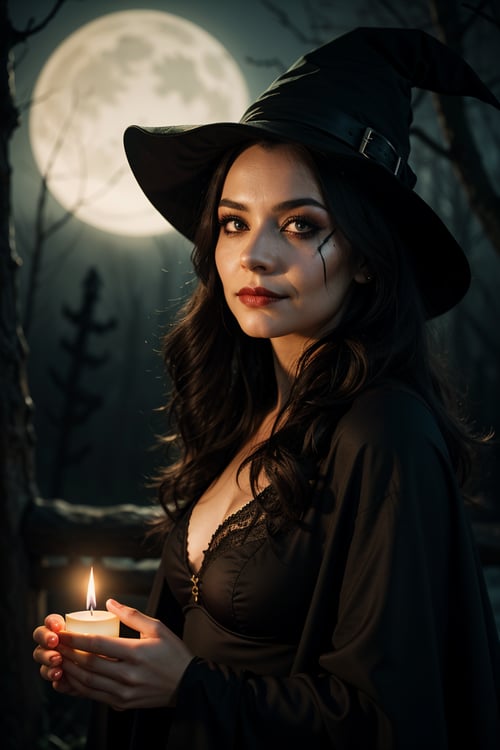 sexy,witch,halloween costume,creepy,spooky,halloween makeup,medium:1.2,[detailed],[dark forest],(best quality,4k,8k,highres,masterpiece:1.2),ultra-detailed,(realistic,photorealistic,photo-realistic:1.37),HDR,UHD,studio lighting,ultra-fine painting,sharp focus,physically-based rendering, extreme detail description,professional,vivid colors,bokeh,[witch hat],[long flowing hair],[candlelight],[dark eye makeup],[scary atmosphere],[mysterious smile],[black cape],horror,colourful,low key lighting,[haunting],gothic,nighttime,magic