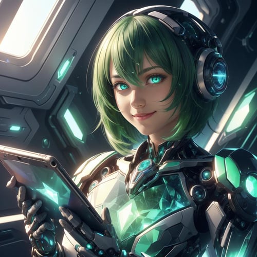 <lora:GemTech-22:0.8>, gemtech , scifi, internal reflections , transparent, inner details , scholar , scroll, 1girl,short hair, green hair, glowing eyes, smile ,closed mouth, multicolored hair, holding a tablet