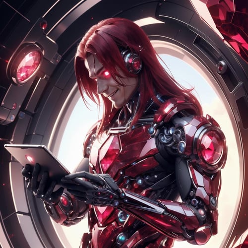 <lora:GemTech-22:0.8>, gemtech , scifi, internal reflections , transparent, inner details , ruby,scholar , scroll, 1boy,long hair, red hair, glowing eyes, smile,shaved beard, ,closed mouth,  holding a tablet