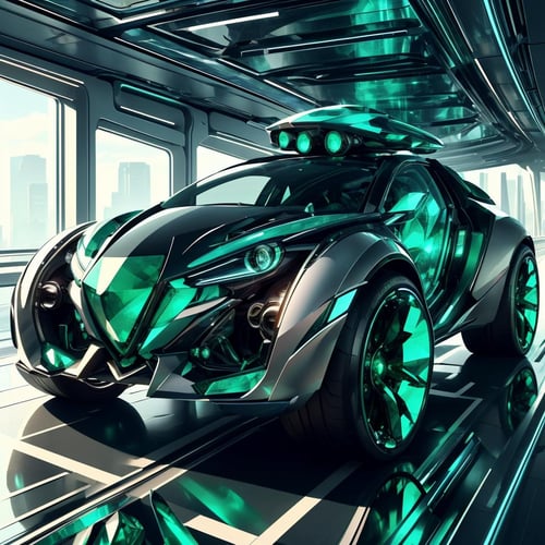 <lora:GemTech-22:0.8>, gemtech , scifi, internal reflections , transparent, inner details , emerald, car, on a highway