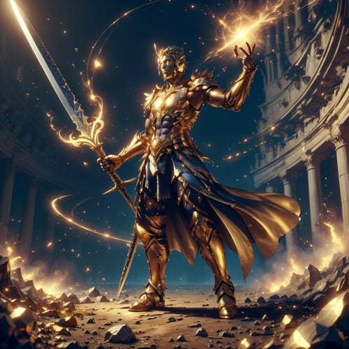 <lora:add_detail:0.3><lora:MidasMagic-22:0.8>,  midasmagic, golden aura , glint,fantasy, full body, (magic gladiator:1.1) , enchanted , strong , in an arena , holding a giant sword 