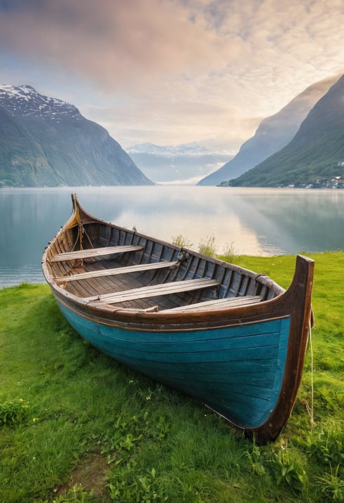 8k breathtaking view of a shored Viking Boat laying on grass, Njardar (Sognefjord) , milky haze, morning lake mist, masterpiece, award-winning, professional, highly detailed in yvonne coomber style, undefined
