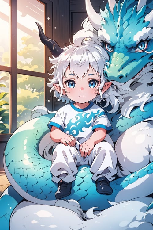 1girl, looking at viewer, short hair, bangs, blue eyes, shirt, sitting, closed mouth, white hair, short sleeves, horns, pointy ears, indoors, messy hair, child, dragon,dragonbaby
