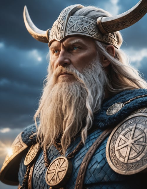 artwork  closeup of odin  in asgard, epic light ,and fantasy sky, nordic runes, high quality photography, 3 point lighting, flash with softbox, 4k, Canon EOS R3, hdr, smooth, sharp focus, high resolution, award winning photo, 80mm, f2.8, bokeh