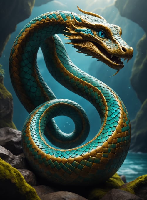 a colossal serpent, coiled around the entire Midgard, the earth. The scales covering its body come in a variety of vibrant hues, representing the diverse ecosystems found on Earth. Each scale glimmers with iridescent light, capturing the essence of nature itself. Its massive head raises upward, looking towards the heavens, its eyes filled with curiosity and wonder.As the serpent winds around the globe, its tail creates ripples across the ocean, symbolizing the dynamic balance between land and sea. Intricate patterns decorate its body, inspired by the designs found in nature, such as swirling currents and textures of bark and stone.