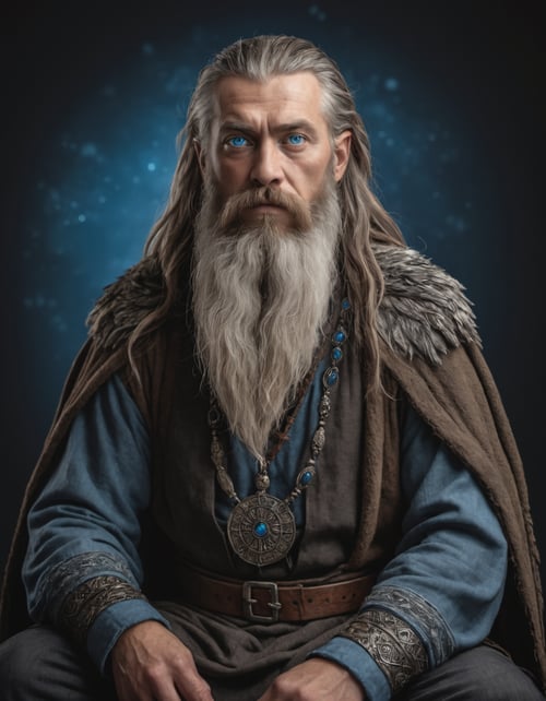 full body shot photo, Intricately detailed, the portrait will capture his piercing blue eyes, symbolizing wisdom and insight. His long beard, flowing down to his chest, represents age and experience His furrowed brow signifies deep thought and contemplation, Hugin and Munin perched upon his shoulders, high quality photography, 3 point lighting, flash with softbox, 4k, Canon EOS R3, hdr, smooth, sharp focus, high resolution, award winning photo, 80mm, f2.8, bokeh