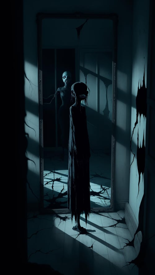 A dimly lit room, shadows dancing on the walls, as the protagonist stands before a cracked mirror. Their reflection, distorted and nightmarish, depicts a merging of flesh and nightmare. Veins writhe beneath the surface, contorting into unnerving shapes that echo the chaos within their mind. In the reflection's eyes, a haunting blend of fear and dissociation. Around the room, whispers of distorted voices intensify, mirroring the internal disarray of schizophrenia. Through this visual narrative, explore the chilling convergence of body horror and psychological turmoil, prompting contemplation on the stable diffusion between the two realms