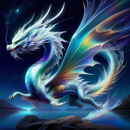 echmrdrgn western dragon, it's full body is iridescent splendour, semi-transparent and glowing opalescence, razor sharp talons and teeth, glorious wings, long whiskers, powerful long tail, over water background, full body, at night, starry sky, moonlight reflections,
