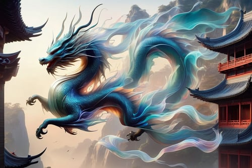 echmrdrgn eastern dragon with a surreal, mirage-like design. Its body is semi-translucent, giving it an ephemeral quality. As it moves, echoes of its form linger in the air, creating a mesmerizing afterimage. The dragon's scales exhibit a play of opalescent colors, and carry the illusion of rippling heat, embodying an ethereal and elusive beauty, 32k masterpiece, RAW photography, best quality:1.3, ultra-high detailed, ultrarealistic ((medieval chinese village background))