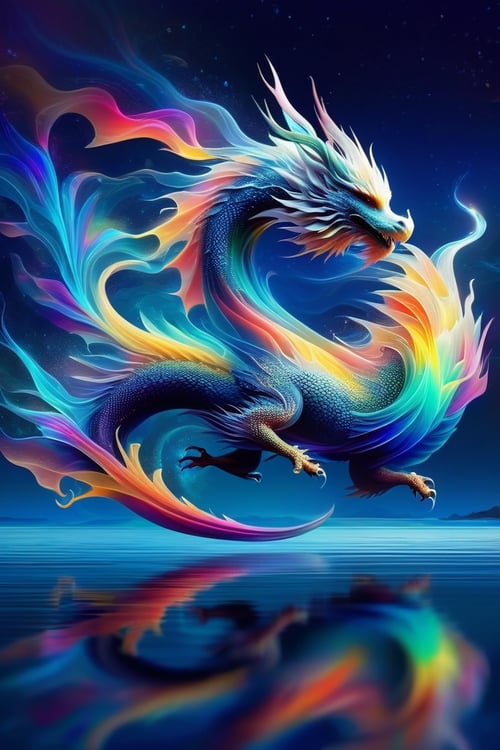 abstrgn style dragon, minimalistic colourful organic forms, energy assembled, layered, depth, alive vibrant, 3D, abstract, full body, no humans, powerful claws, majestic tail, sweeping intricate horns, wings, magical floating particles, eastern dragon, floating over water, night time, lake background, moonlight shadow,echmrdrgn